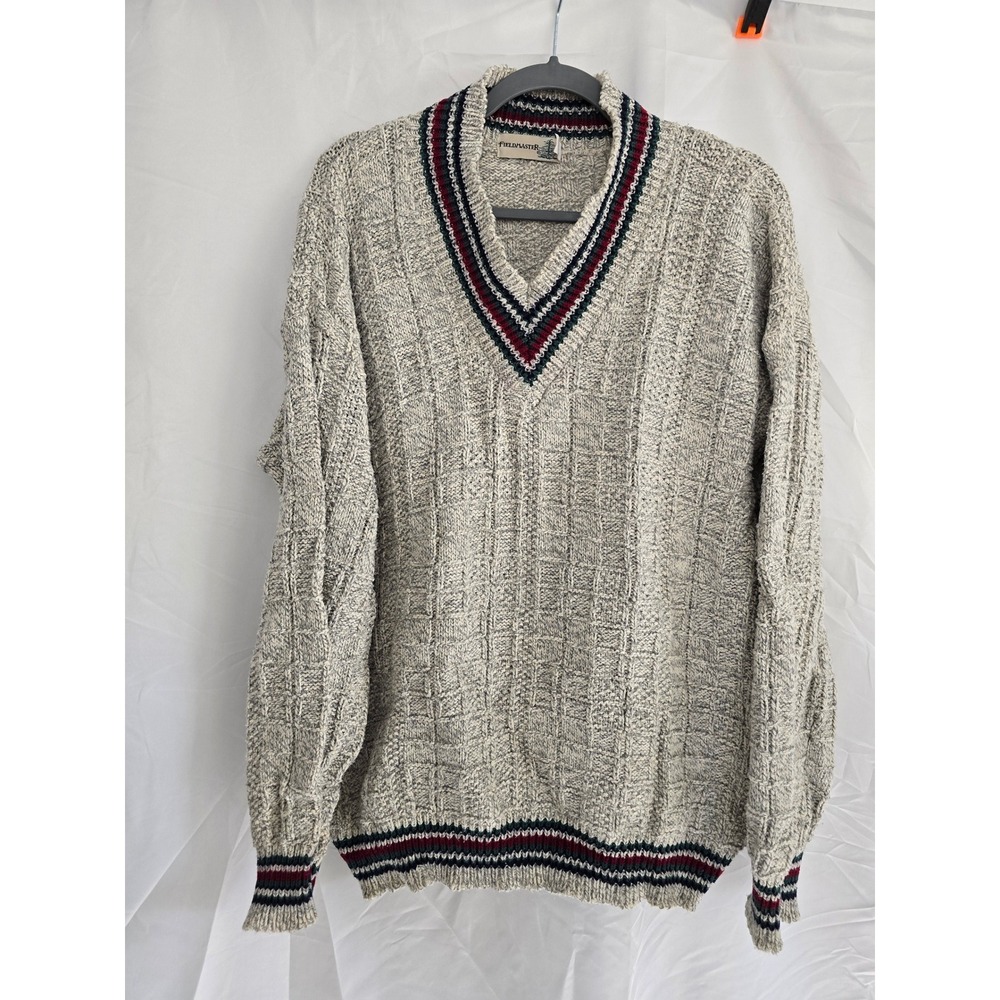 FIELDMASTER Men's Vintage Knit V Neck Sweater‎ Rugby Stripe Accent Size Large